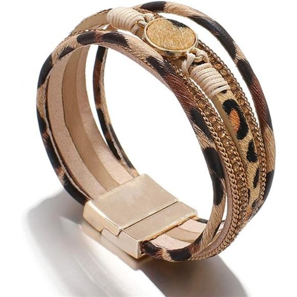 Boho Multi-Layered Leather Wrap Bracelet with Resin Crystal Stone Charms - Picture 4 of 6